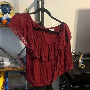 Taylor & Sage Maroon Lace Ruffle Blouse